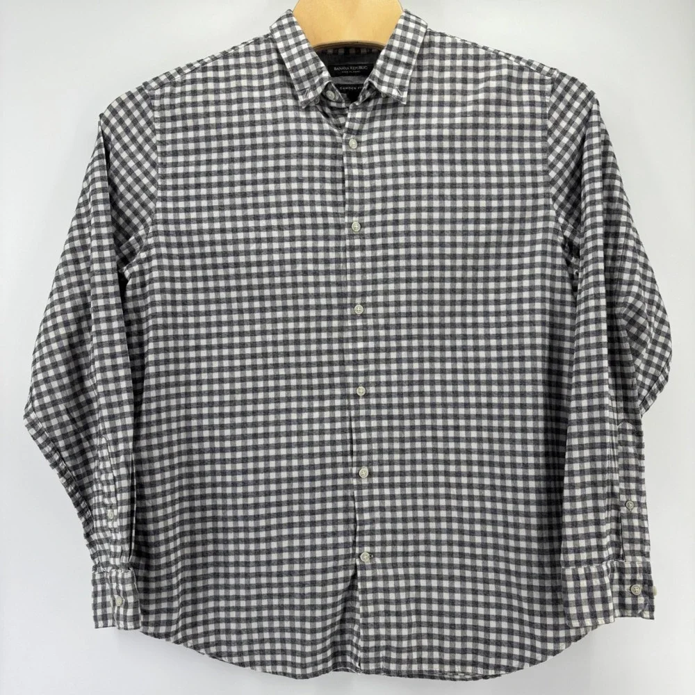 Banana Republic Flannel Shirt Mens XL Gray Gingham Camden Fit Luxe Cotton LS
